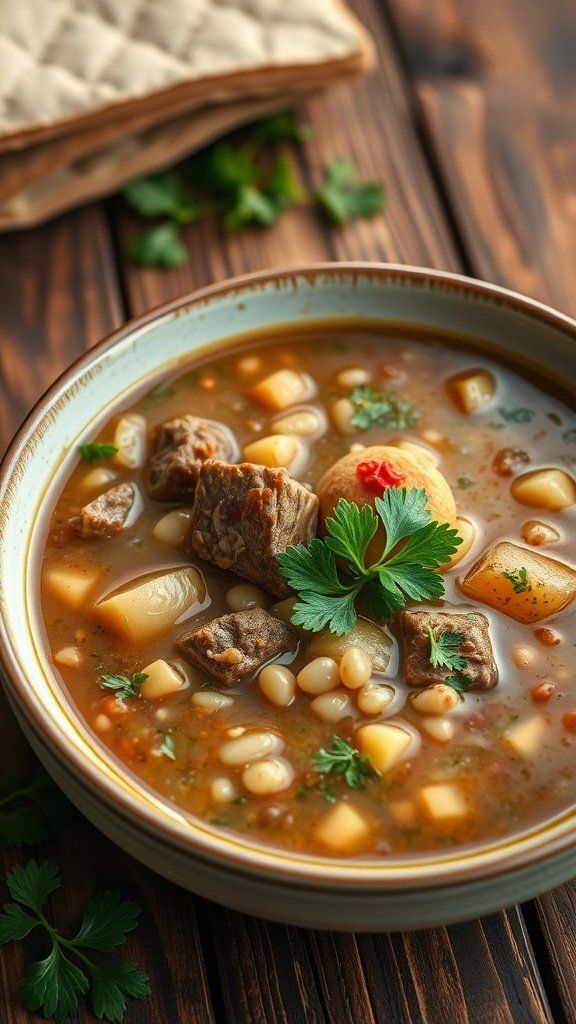 35 Cold Weather Dinner Ideas A bowl of hearty beef and barley soup with tender beef, vegetables, and garnished with parsley. Cold Weather Dinner Ideas