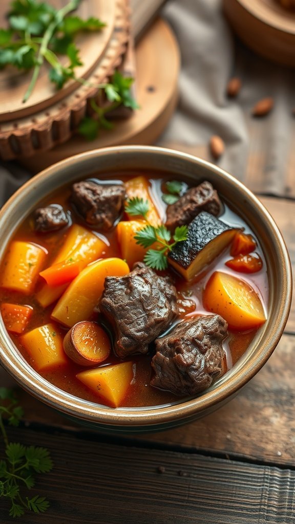 35 Cold Weather Dinner Ideas A bowl of hearty beef stew with various root vegetables. Cold Weather Dinner Ideas