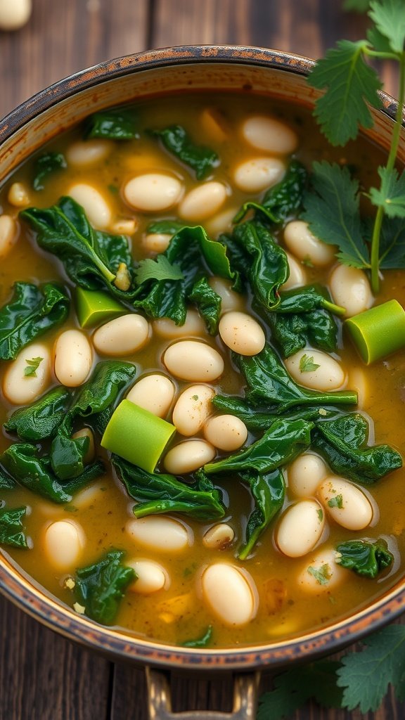 25 Cozy Winter Soups to Warm Your Soul A bowl of kale and white bean soup with fresh greens and beans.