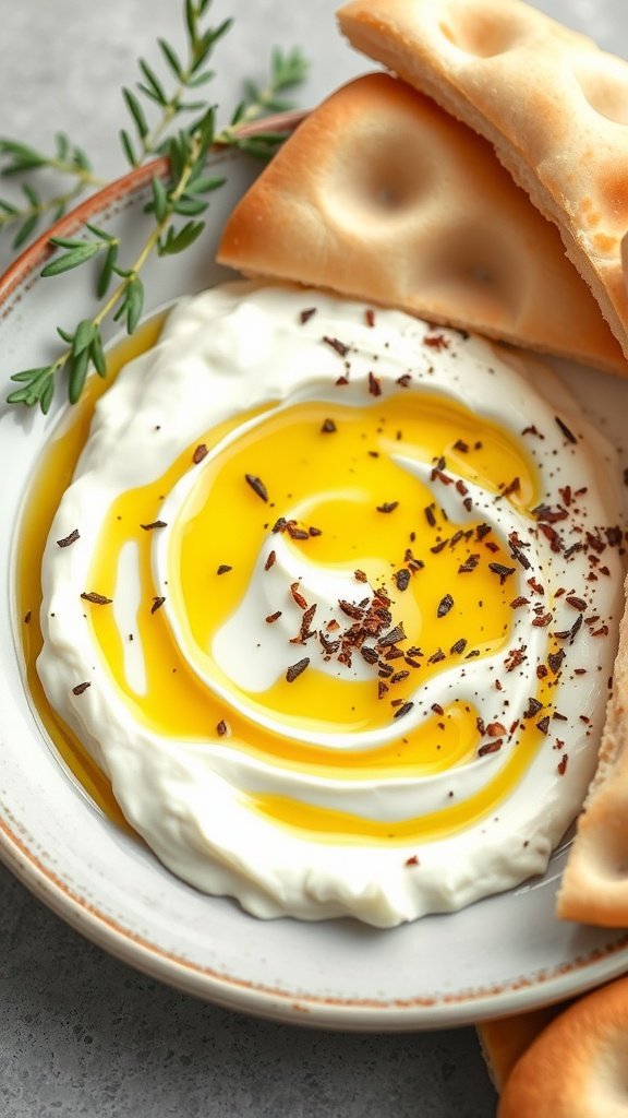 15 Delicious Mediterranean Breakfast Recipes to Start Your Day Right A creamy dish of labneh topped with olive oil and za'atar, served with bread. Mediterranean Breakfast