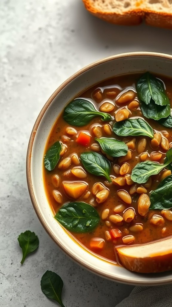 35 Cold Weather Dinner Ideas A bowl of lentil soup with spinach, served with bread