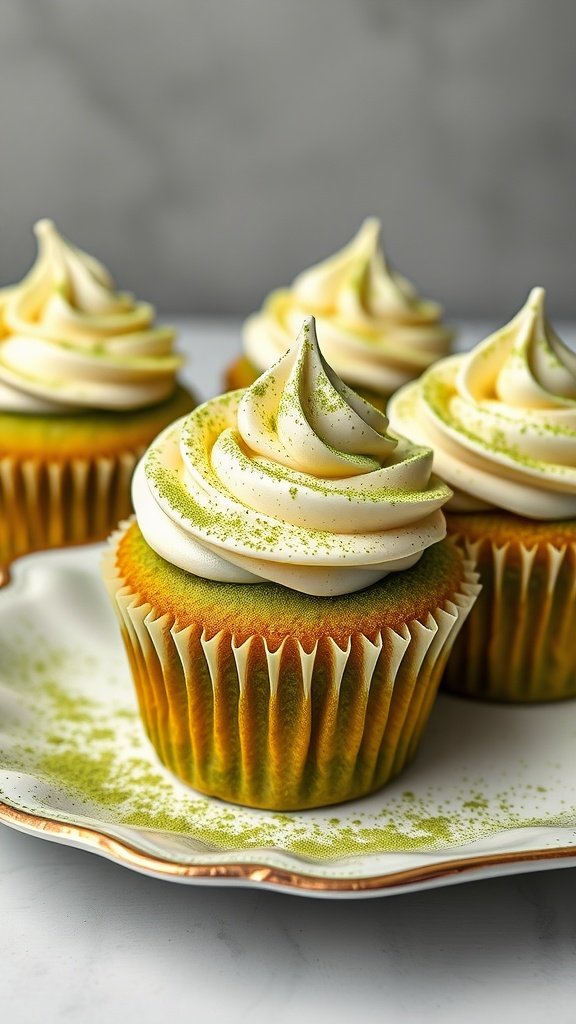25 Irresistible Valentine's Day Cupcake Ideas to Sweeten Your Celebration Matcha green tea cupcakes topped with whipped cream and matcha sprinkles on a decorative plate.