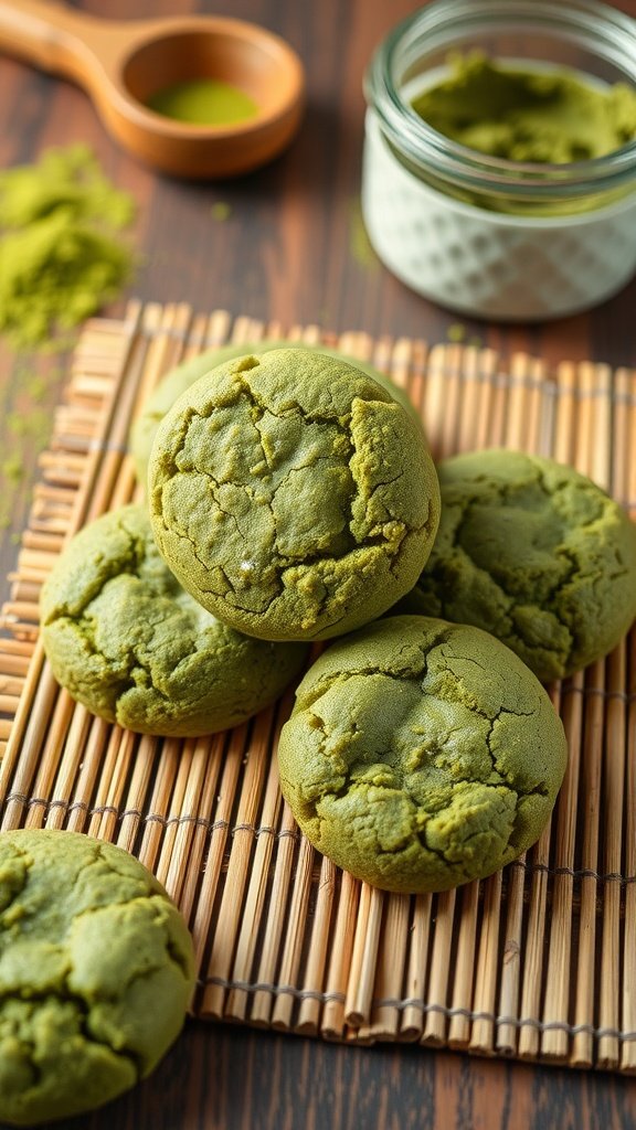 35 Delicious High Protein Cookie Recipes You Need to Try Freshly baked matcha green tea protein cookies stacked on a bamboo mat