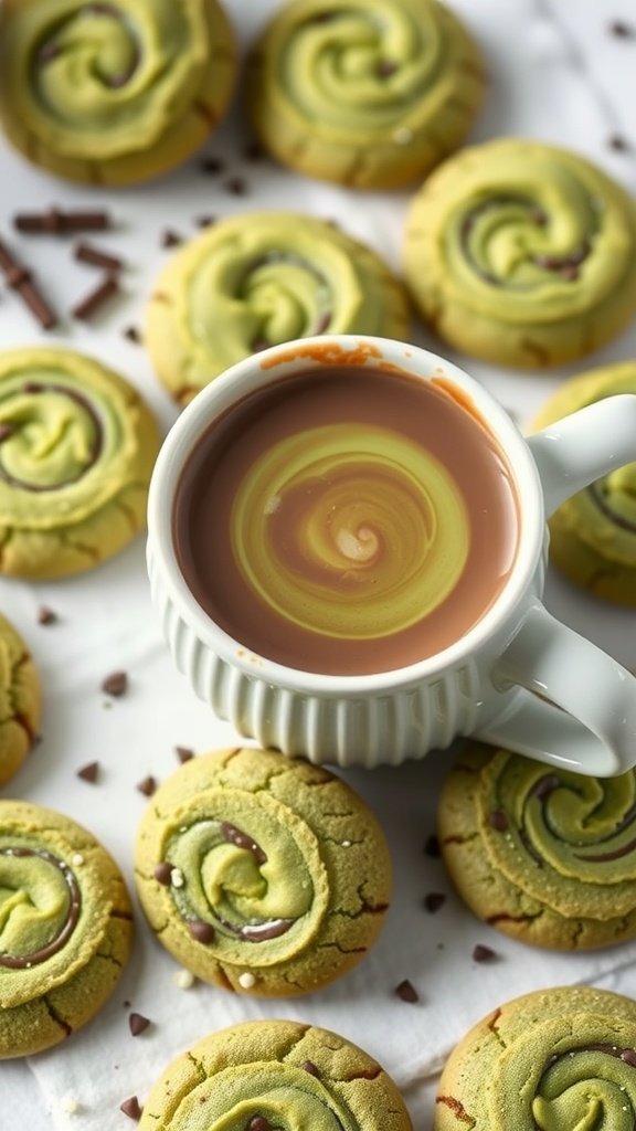 35 Irresistible Hot Chocolate Cookies Recipes to Warm Your Heart A plate of matcha hot chocolate cookies next to a cup of hot chocolate.