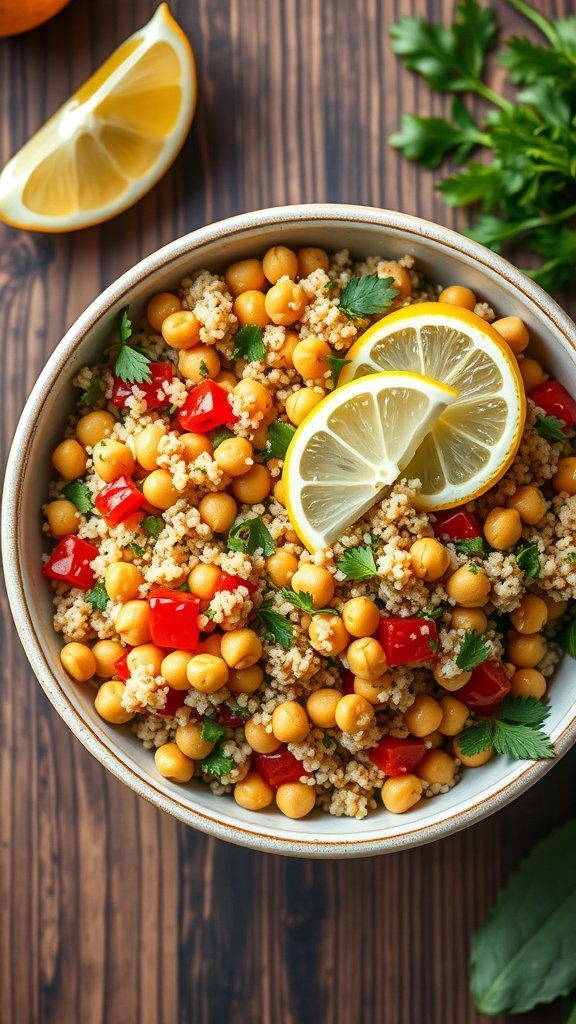 15 Delicious Mediterranean Breakfast Recipes to Start Your Day Right A colorful Mediterranean quinoa bowl with chickpeas, red bell pepper, and lemon slices
