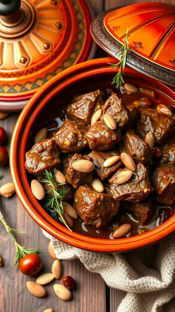 35 Cold Weather Dinner Ideas A bowl of flavorful Moroccan Lamb Tagine garnished with almonds and herbs.