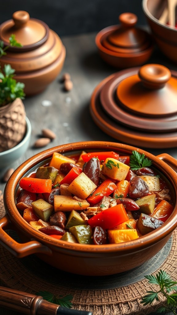 35 High Protein Low Carb Meals You Need to Try A colorful Moroccan Spiced Vegetable Tagine served in a traditional pot with assorted vegetables.