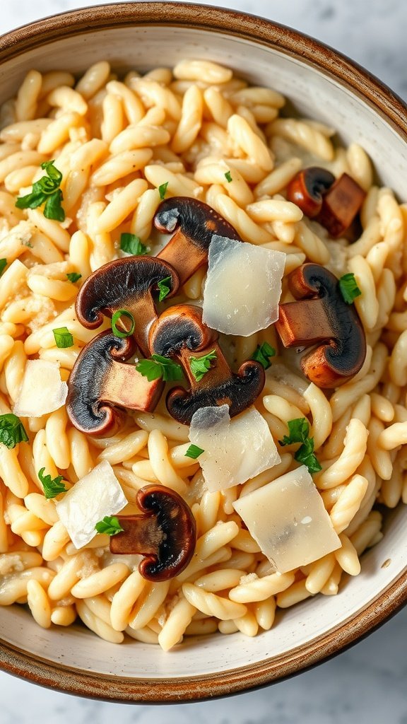 35 Cold Weather Dinner Ideas A bowl of creamy mushroom risotto topped with mushrooms and cheese