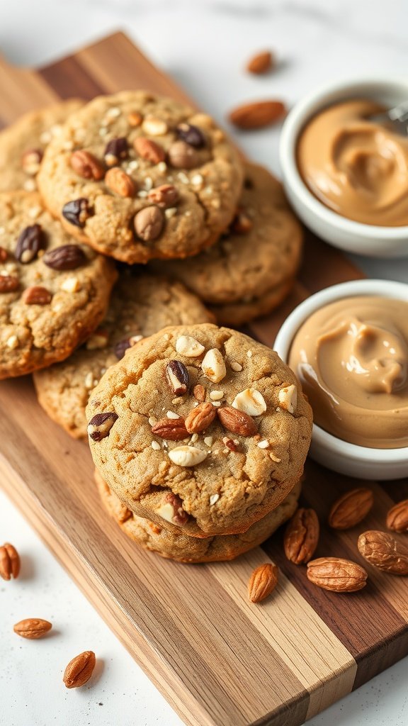 35 Delicious High Protein Cookie Recipes You Need to Try A close-up view of nutty protein cookies arranged on a wooden board with nut butter.