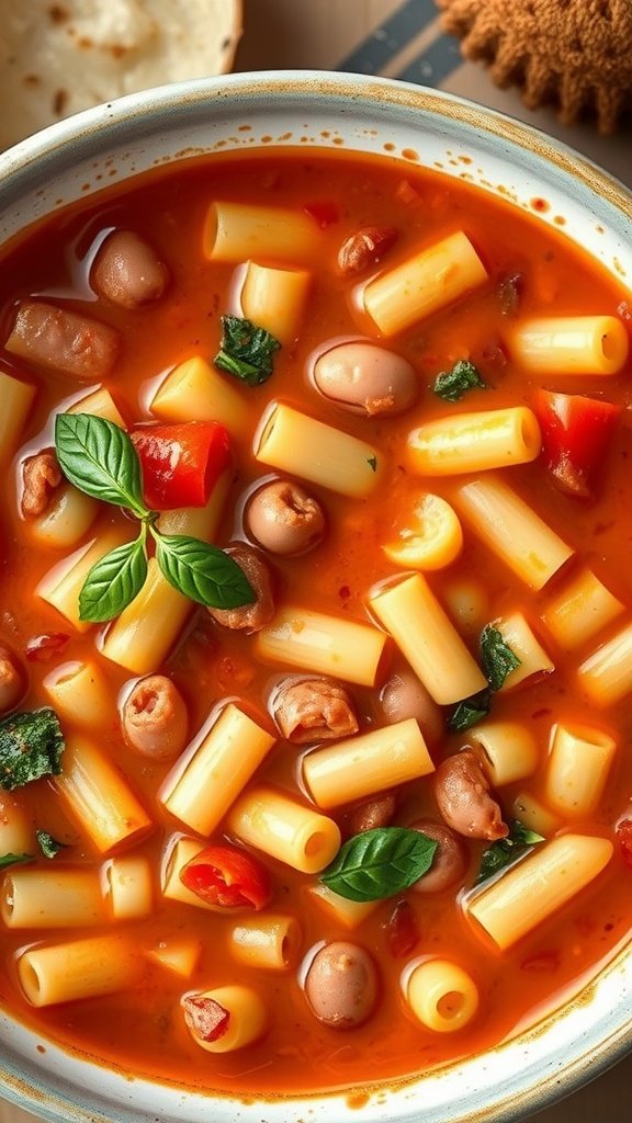 25 Cozy Winter Soups to Warm Your Soul A hearty bowl of Pasta e Fagioli soup with pasta, beans, and fresh basil.