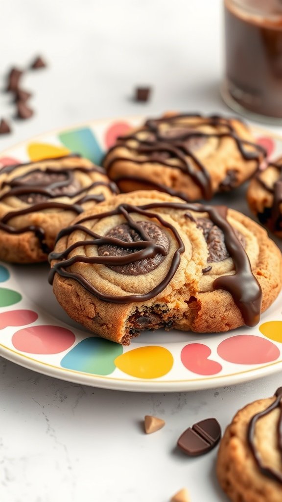 35 Delicious High Protein Cookie Recipes You Need to Try Peanut butter chocolate swirl cookies on a colorful plate