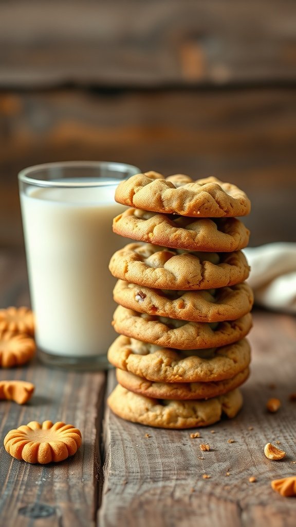 35 Delicious High Protein Cookie Recipes You Need to Try A stack of peanut butter cookies next to a glass of milk on a wooden surface.