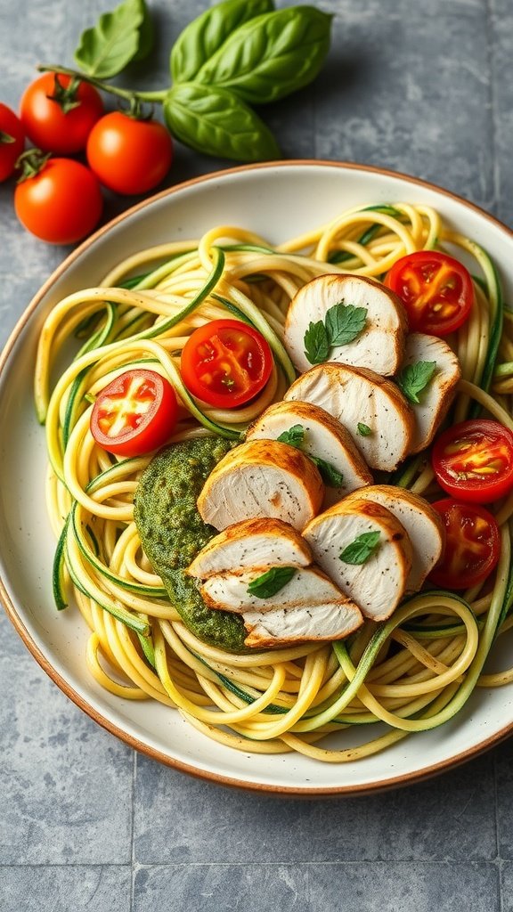 35 High Protein Low Carb Meals You Need to Try A plate of pesto zoodles topped with grilled chicken and cherry tomatoes