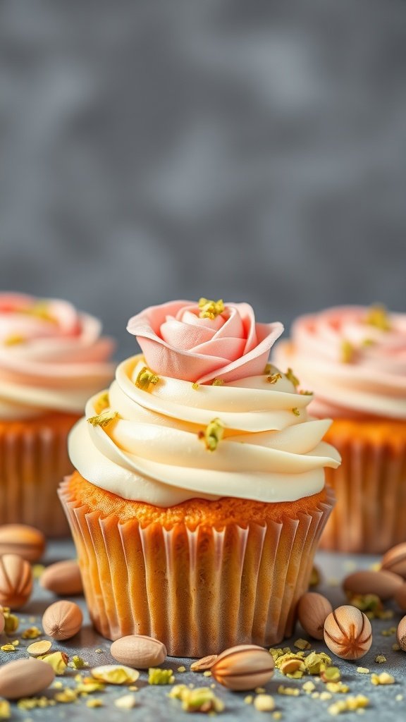 25 Irresistible Valentine's Day Cupcake Ideas to Sweeten Your Celebration Pistachio rose cupcakes topped with floral icing and sprinkled with pistachios.