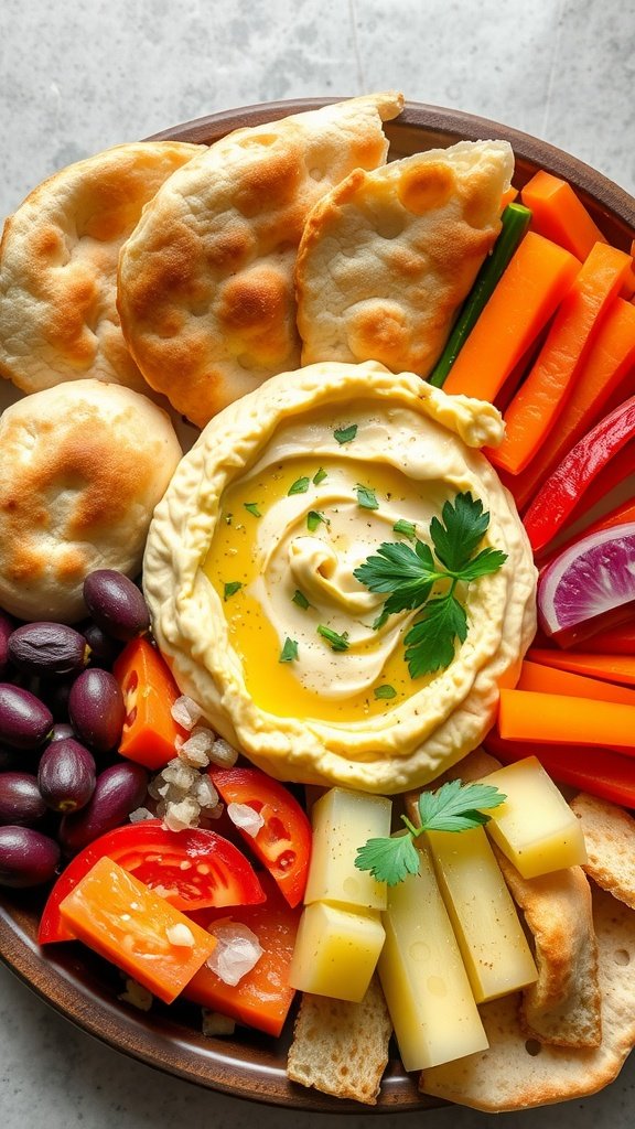 15 Delicious Mediterranean Breakfast Recipes to Start Your Day Right A colorful breakfast platter with pita bread, hummus, and assorted fresh vegetables.