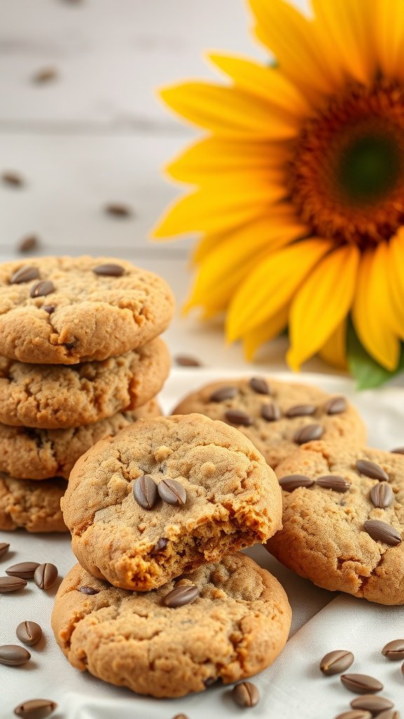 35 Delicious High Protein Cookie Recipes You Need to Try Delicious homemade protein cookies with sunflower seeds stacked next to some scattered sunflower seeds.