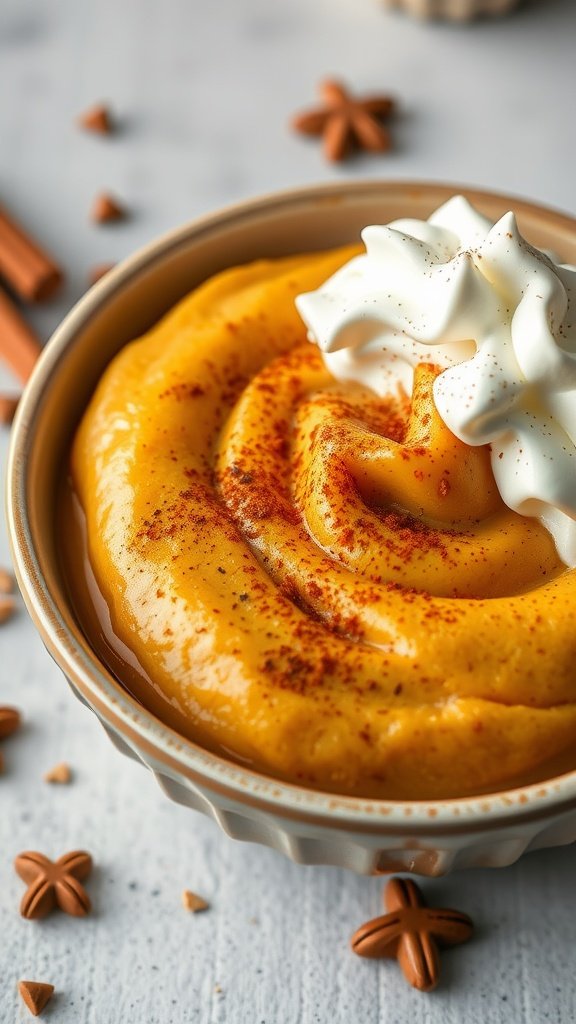 35 High Protein Low Carb Meals You Need to Try A bowl of creamy pumpkin spice chia pudding topped with whipped cream and sprinkled with spices.