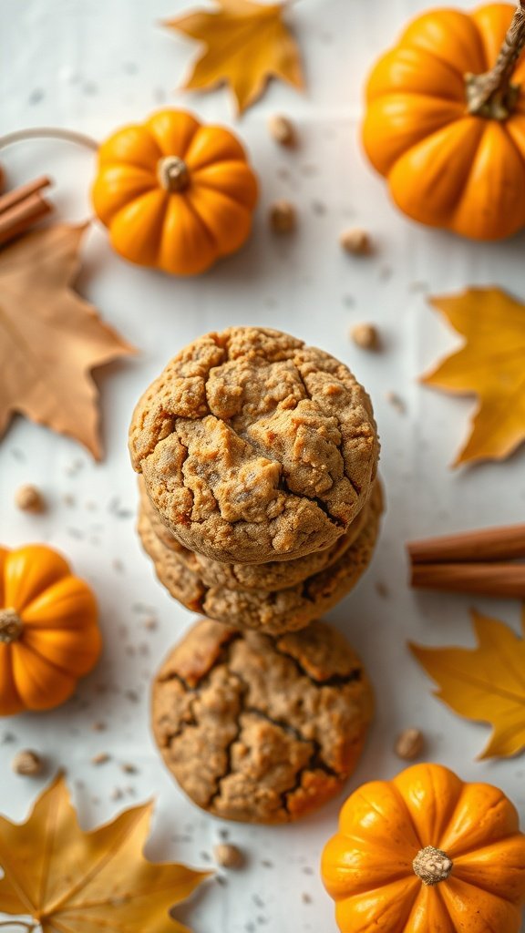 35 Delicious High Protein Cookie Recipes You Need to Try Pumpkin spice protein cookies stacked on a table with pumpkins and cinnamon sticks around.