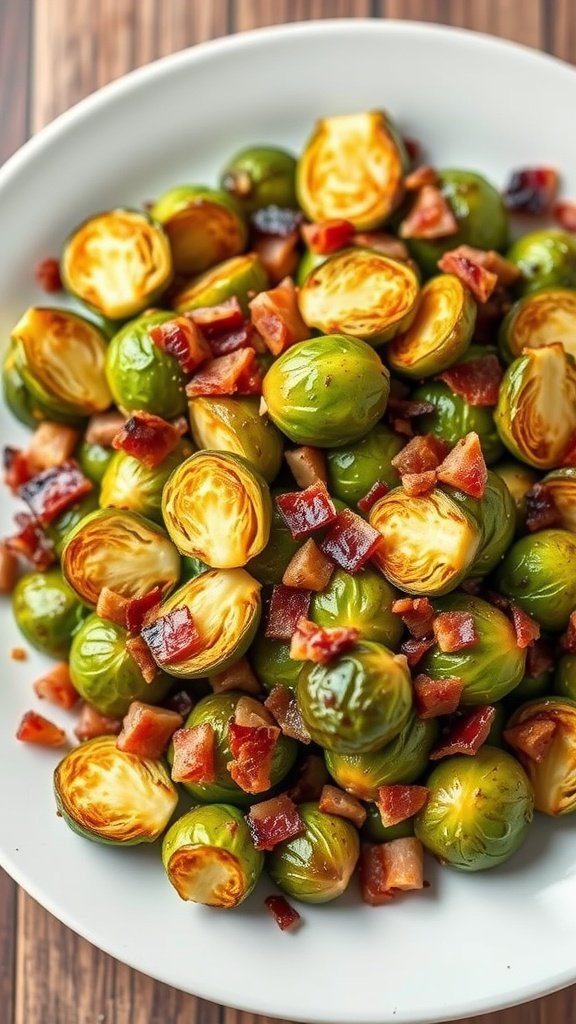 35 High Protein Low Carb Meals You Need to Try A plate of roasted Brussels sprouts mixed with crispy bacon pieces.