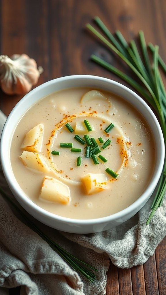 25 Cozy Winter Soups to Warm Your Soul A bowl of creamy roasted garlic and potato soup garnished with chives.