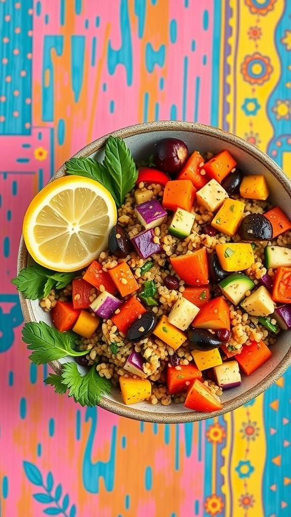 35 Cold Weather Dinner Ideas A vibrant quinoa bowl filled with roasted vegetables, black beans, and garnished with herbs and lemon. Cold Weather Dinner Ideas