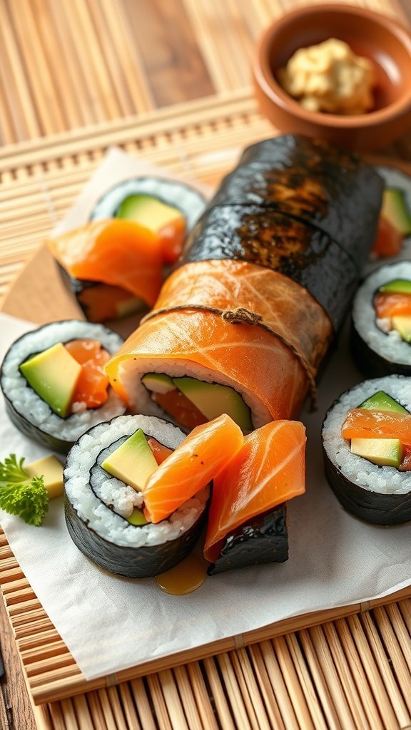 35 High Protein Low Carb Meals You Need to Try Salmon and avocado sushi rolls on a bamboo mat