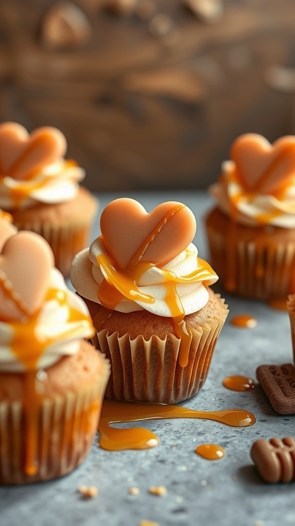 25 Irresistible Valentine's Day Cupcake Ideas to Sweeten Your Celebration Salted Caramel Heart Cupcakes decorated with caramel sauce and heart-shaped candies