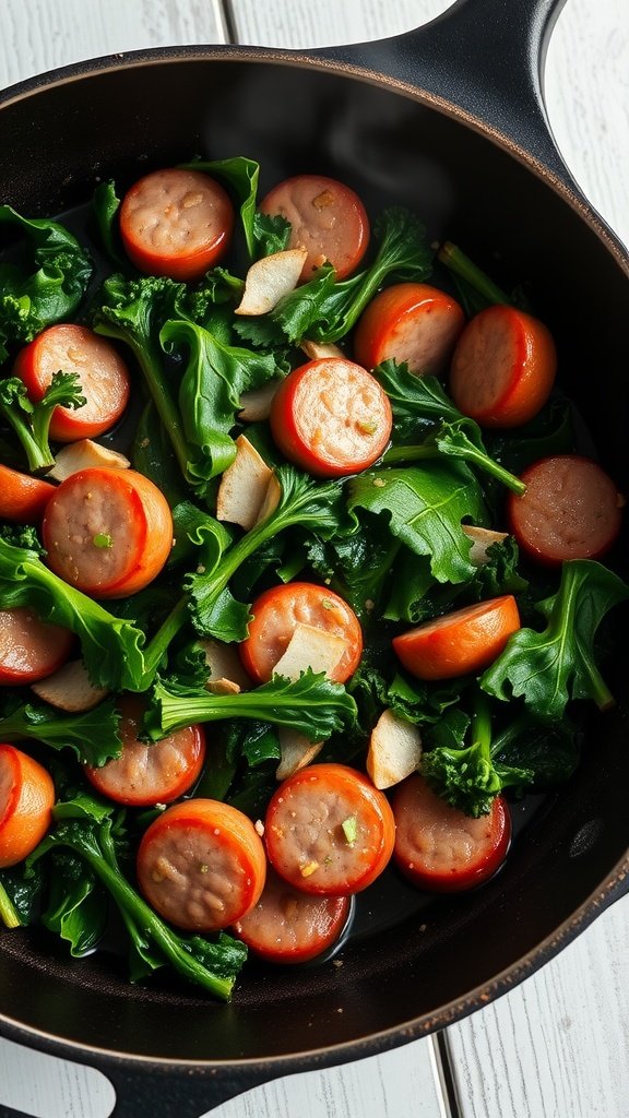 35 High Protein Low Carb Meals You Need to Try A colorful and healthy sausage and kale skillet dish.
