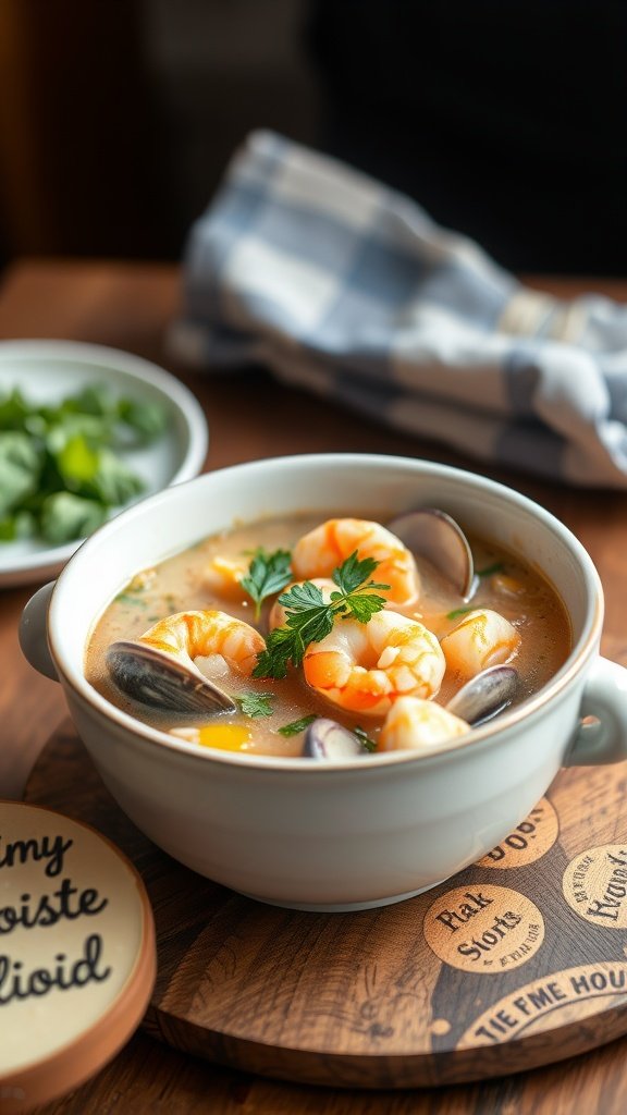 35 Cold Weather Dinner Ideas A bowl of seafood chowder garnished with fresh herbs, served with a side of greens.
