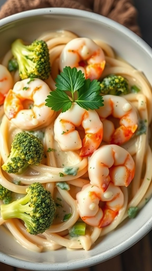 35 High Protein Low Carb Meals You Need to Try A bowl of shrimp and broccoli alfredo pasta garnished with parsley.