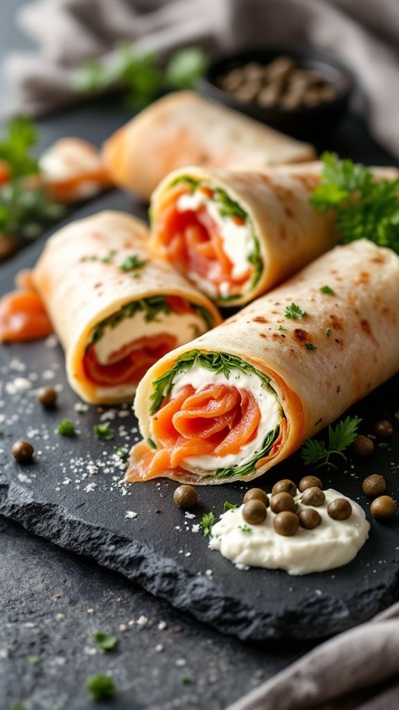 15 Easy Keto Breakfast Ideas for a Delicious Start to Your Day A plate of smoked salmon and cream cheese wraps garnished with herbs.