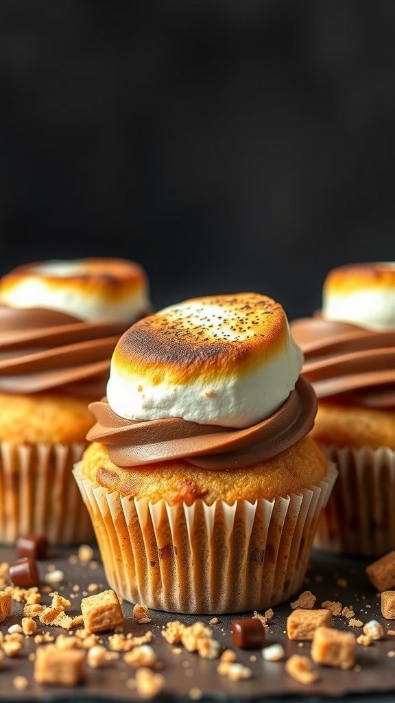 25 Irresistible Valentine's Day Cupcake Ideas to Sweeten Your Celebration S'mores inspired cupcakes with chocolate frosting and toasted marshmallows on top
