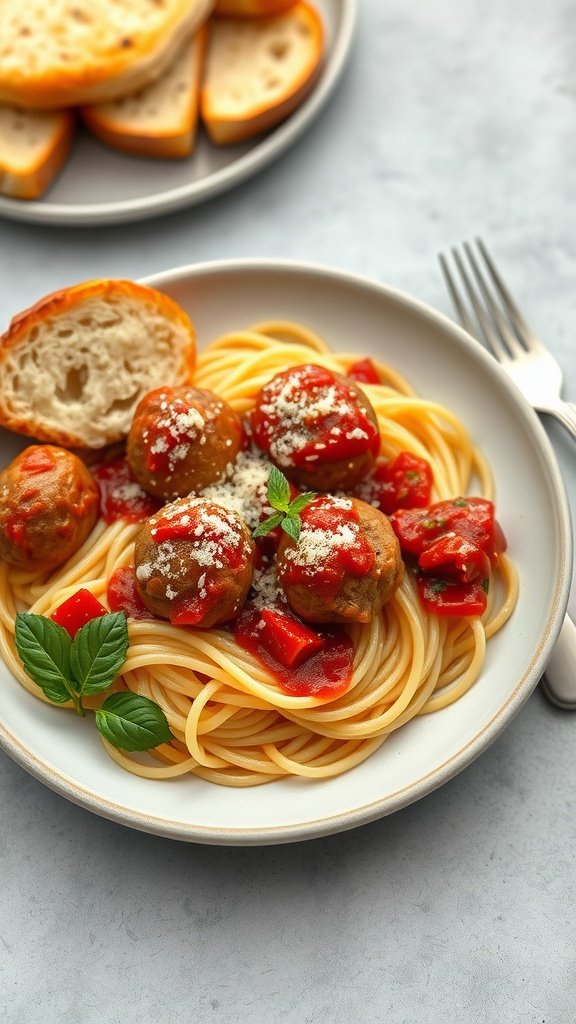 35 Cold Weather Dinner Ideas A plate of spaghetti and meatballs topped with sauce and garnished with basil.