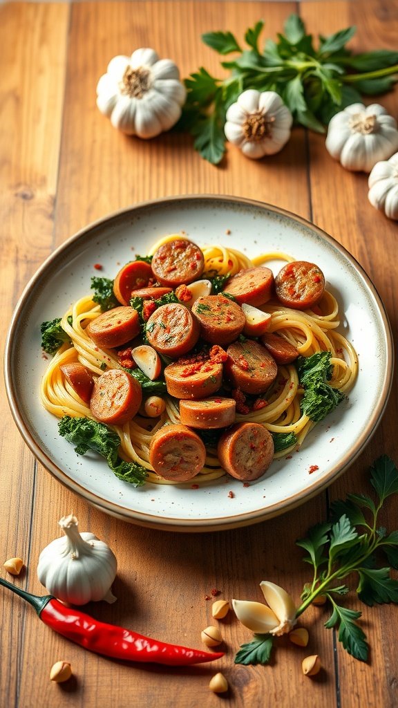 35 Cold Weather Dinner Ideas A plate of spicy sausage and kale pasta garnished with garlic and chili flakes. Cold Weather Dinner Ideas