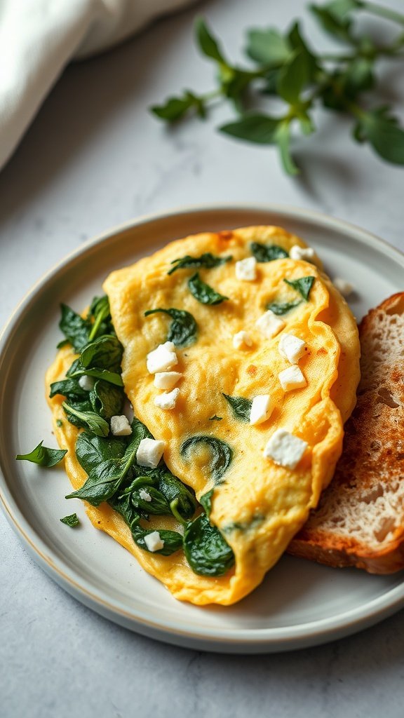 15 Delicious Mediterranean Breakfast Recipes to Start Your Day Right A delicious spinach and feta omelette served with a slice of bread.