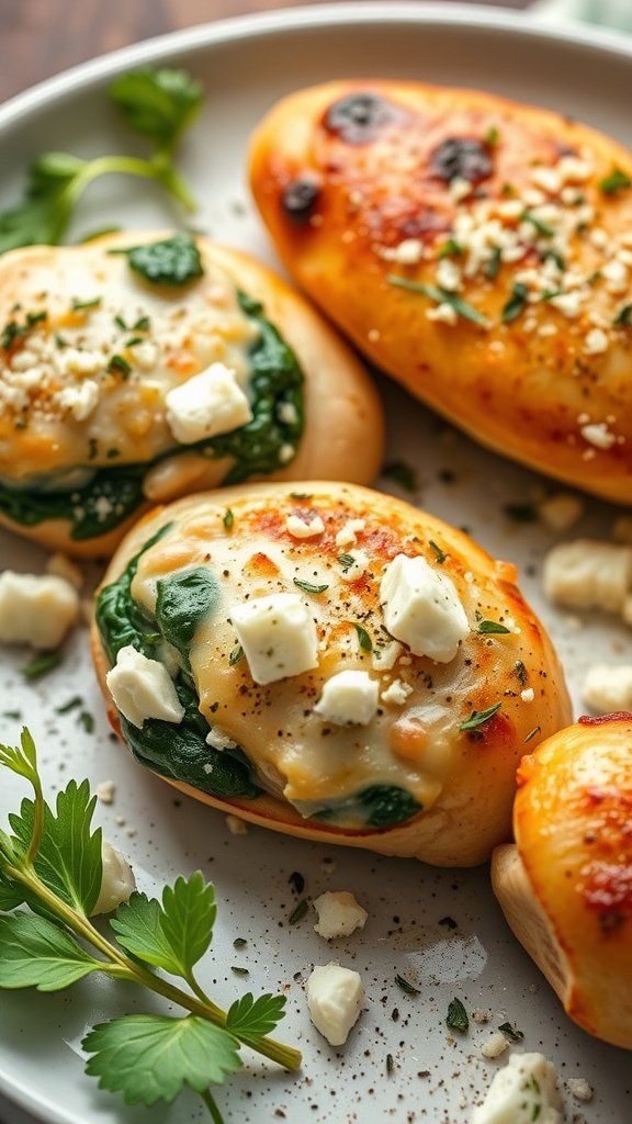 35 High Protein Low Carb Meals You Need to Try Spinach and Feta Stuffed Chicken on a plate