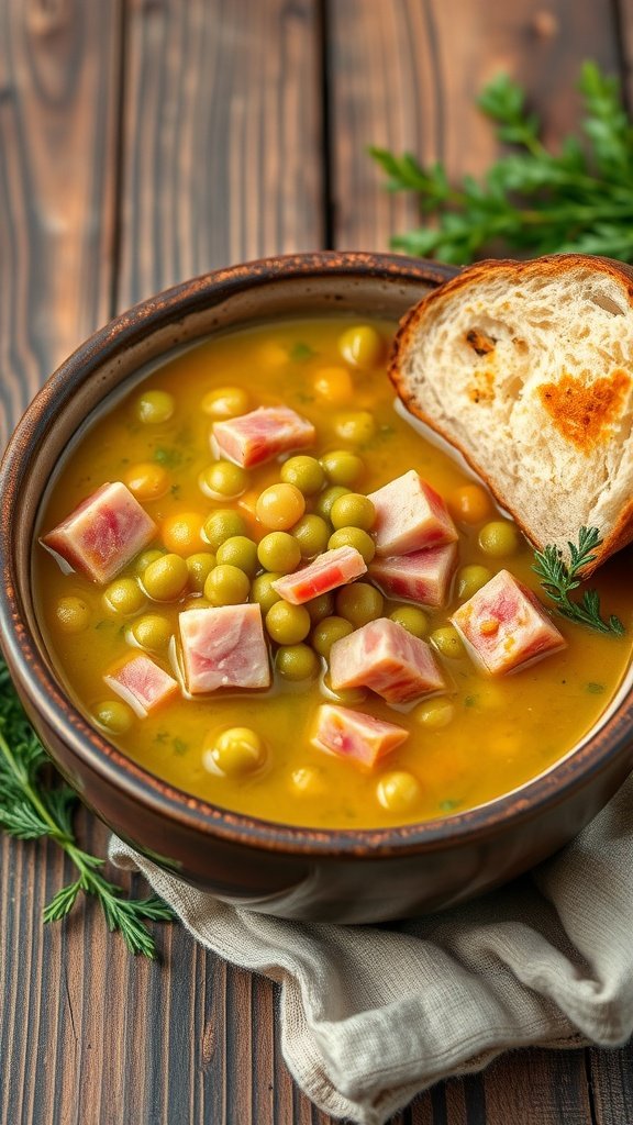 25 Cozy Winter Soups to Warm Your Soul A bowl of split pea soup with ham, garnished with fresh herbs, alongside a slice of bread.