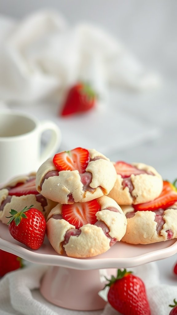 35 Irresistible Hot Chocolate Cookies Recipes to Warm Your Heart Delicious strawberry hot chocolate cookies on a cake stand.