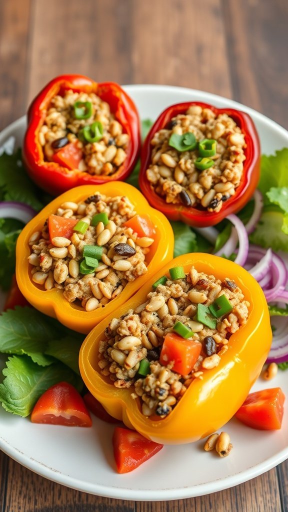 35 Cold Weather Dinner Ideas A plate of stuffed bell peppers filled with grains and topped with green onions.