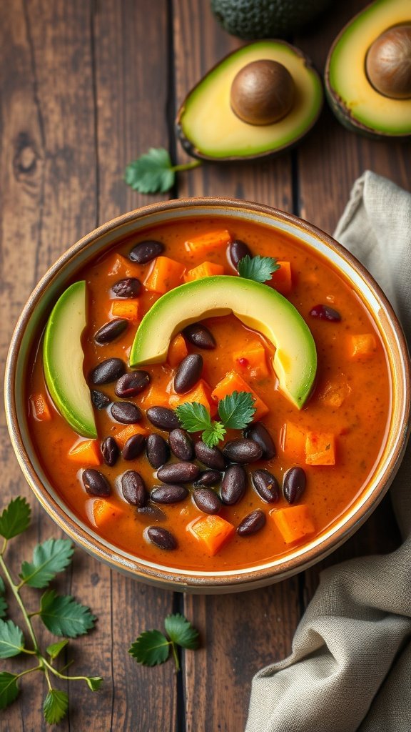 25 Cozy Winter Soups to Warm Your Soul A bowl of sweet potato and black bean soup topped with avocado slices and cilantro, set against a rustic wooden background.
