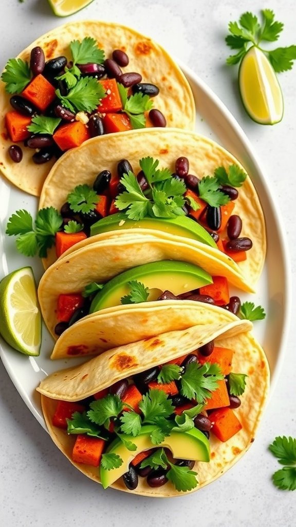 35 Cold Weather Dinner Ideas Sweet Potato and Black Bean Tacos with toppings