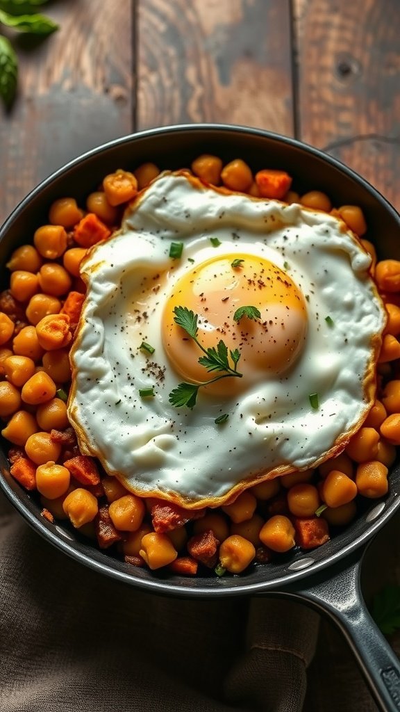 15 Delicious Mediterranean Breakfast Recipes to Start Your Day Right A delicious dish of sweet potato and chickpea hash topped with a fried egg. Mediterranean Breakfast