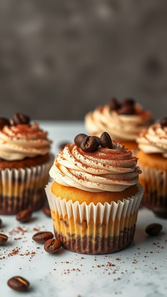 25 Irresistible Valentine's Day Cupcake Ideas to Sweeten Your Celebration Delicious tiramisu inspired cupcakes with coffee beans and cocoa dusting on top.