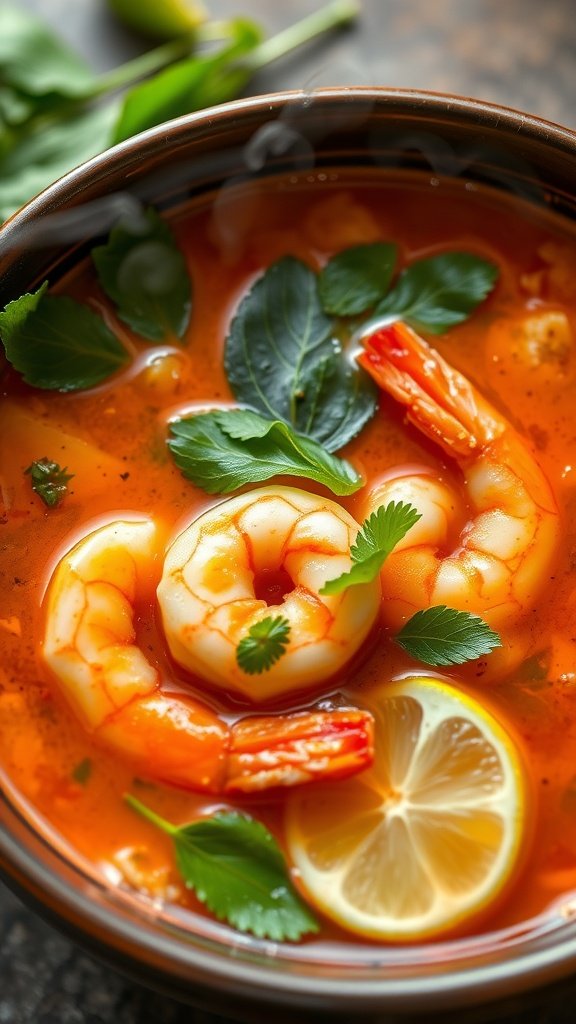 25 Cozy Winter Soups to Warm Your Soul A bowl of spicy Tom Yum Soup with shrimp, garnished with herbs and lemon slices.