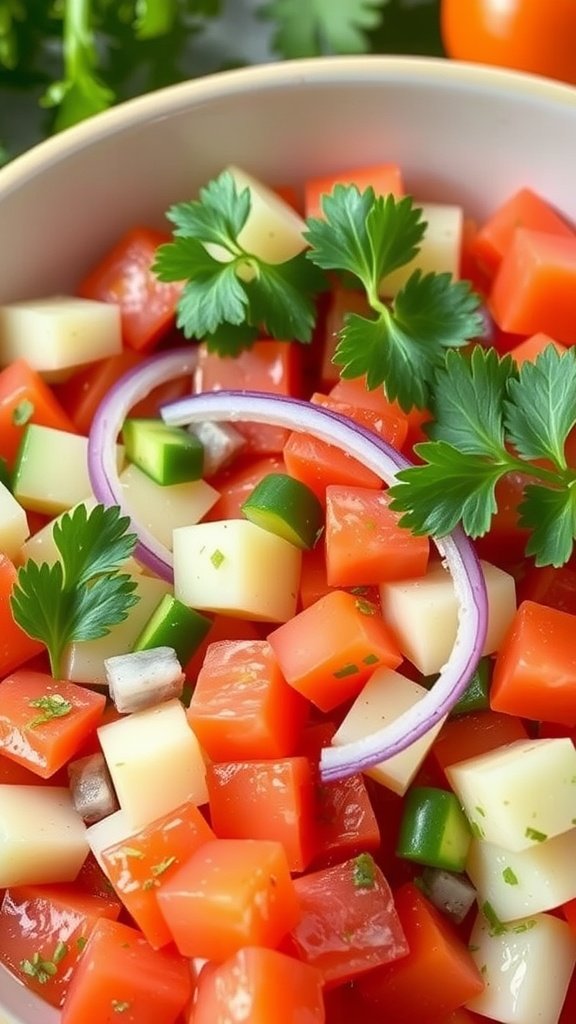 15 Delicious Mediterranean Breakfast Recipes to Start Your Day Right A colorful bowl of diced tomatoes, cucumbers, and onions garnished with herbs.