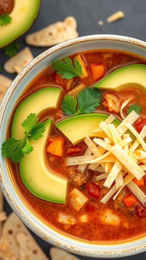 25 Cozy Winter Soups to Warm Your Soul A bowl of tortilla soup garnished with avocado and cheese.