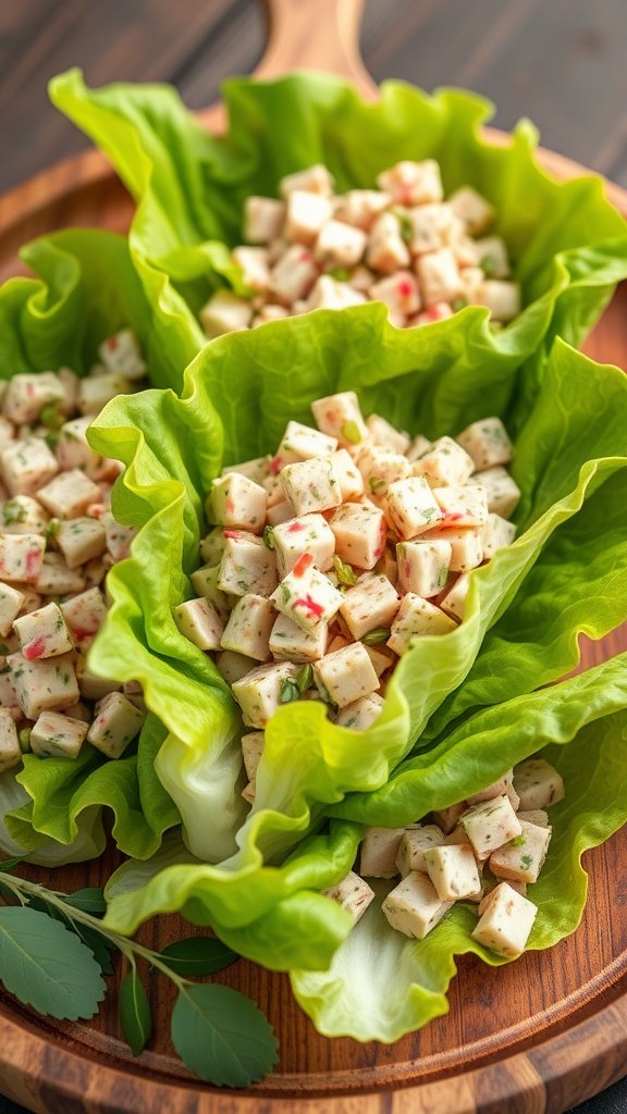 35 High Protein Low Carb Meals You Need to Try Tuna salad served in lettuce wraps, showcasing diced vegetables and creamy texture.