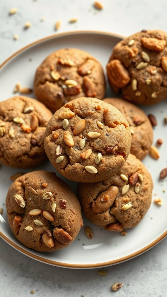 35 Delicious High Protein Cookie Recipes You Need to Try A plate of vegan protein cookies topped with nuts.
