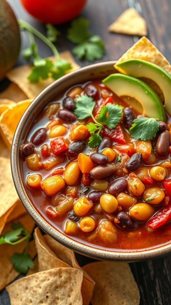 35 Cold Weather Dinner Ideas A bowl of colorful vegetable and bean chili topped with avocado and cilantro, served with tortilla chips.