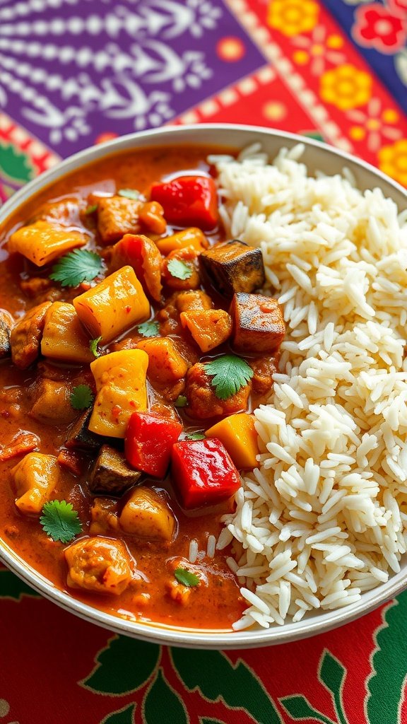 35 Cold Weather Dinner Ideas A bowl of vibrant vegetable curry served with basmati rice.